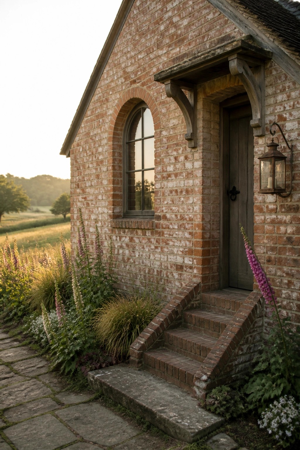 A weathered red brick farmhouse exterior featuring an arched window, wooden door with brick steps, and garden plants along a stone path.
