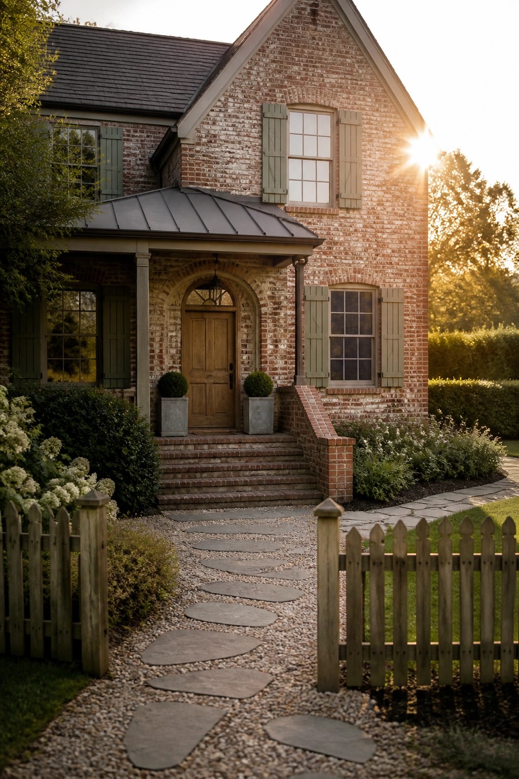 Brick house with green shutters, arched wooden door, stone path at sunset
