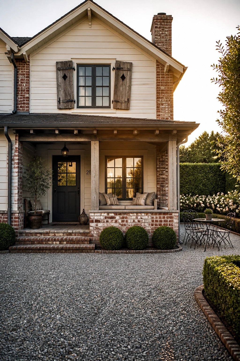 Charming white house with brick porch, dark door, and gravel driveway at dusk.
