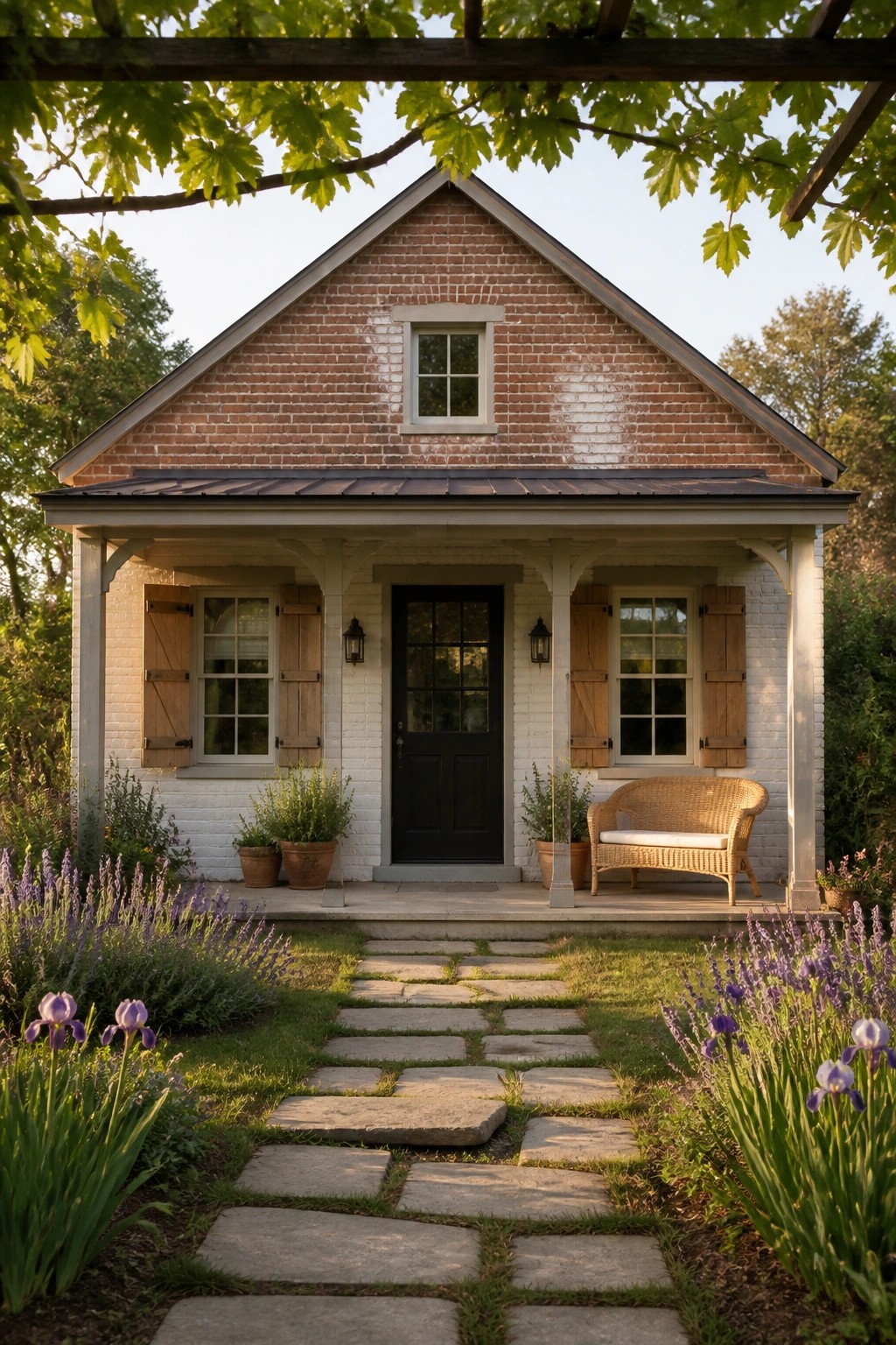 A small brick farmhouse exterior with a weathered red brick gable, white painted brick walls on the porch level, a black door, wooden shutters, and a stone pathway through lavender and iris plantings.