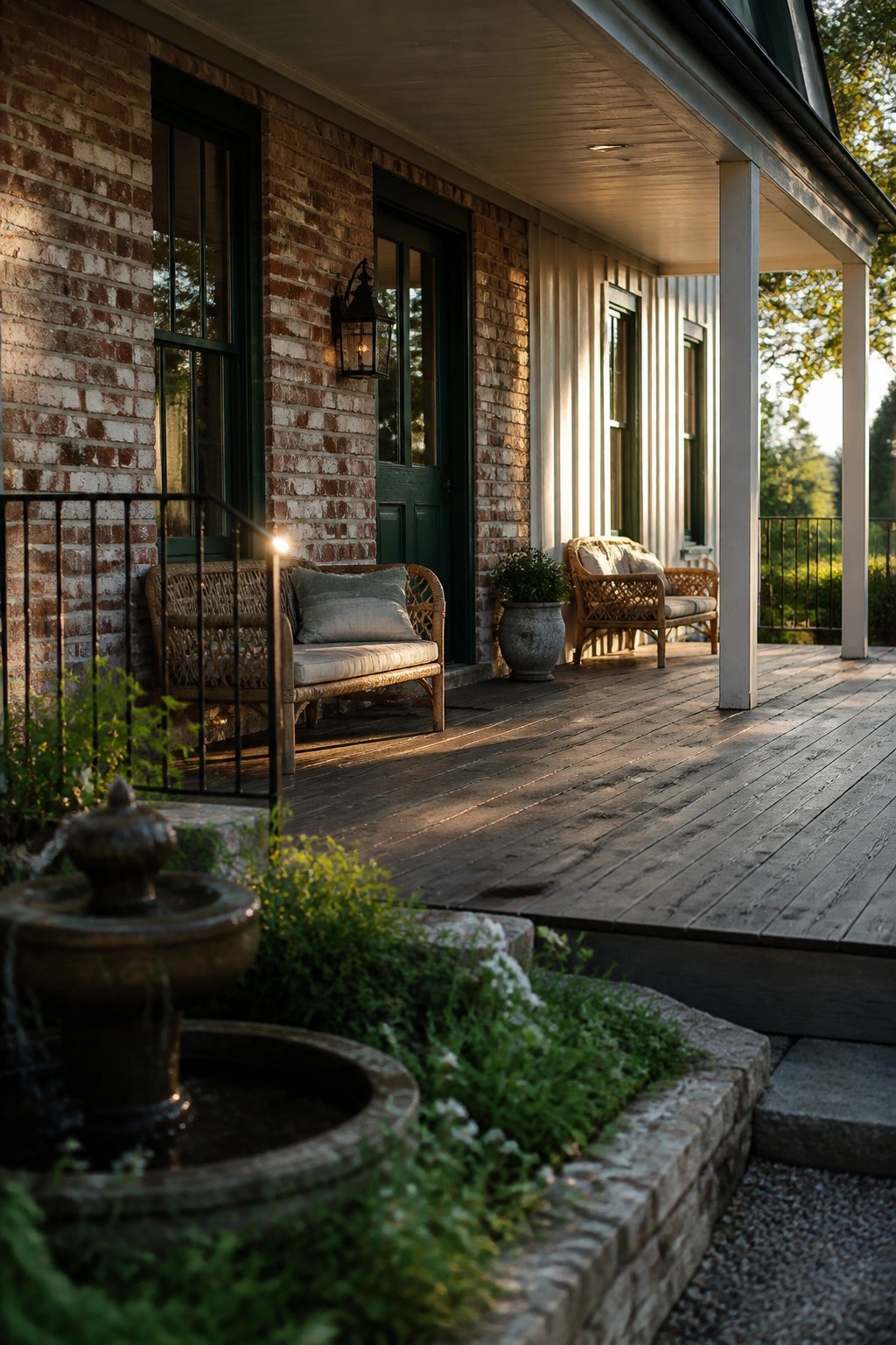 A reclaimed brick farmhouse exterior with dark green trim, a wooden front porch, wicker seating, and a small fountain in the foreground garden.