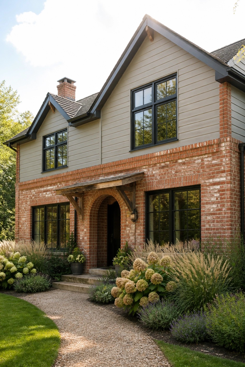 A two-story house exterior featuring beige siding on the upper level, red brick on the lower level with an arched brick entry, black-framed windows, and a gravel path leading to the front door.