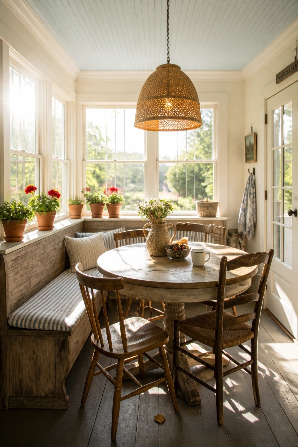 A rustic interior with a round wooden table, mixed wooden chairs, and a built-in bench with striped cushions under a row of windows.