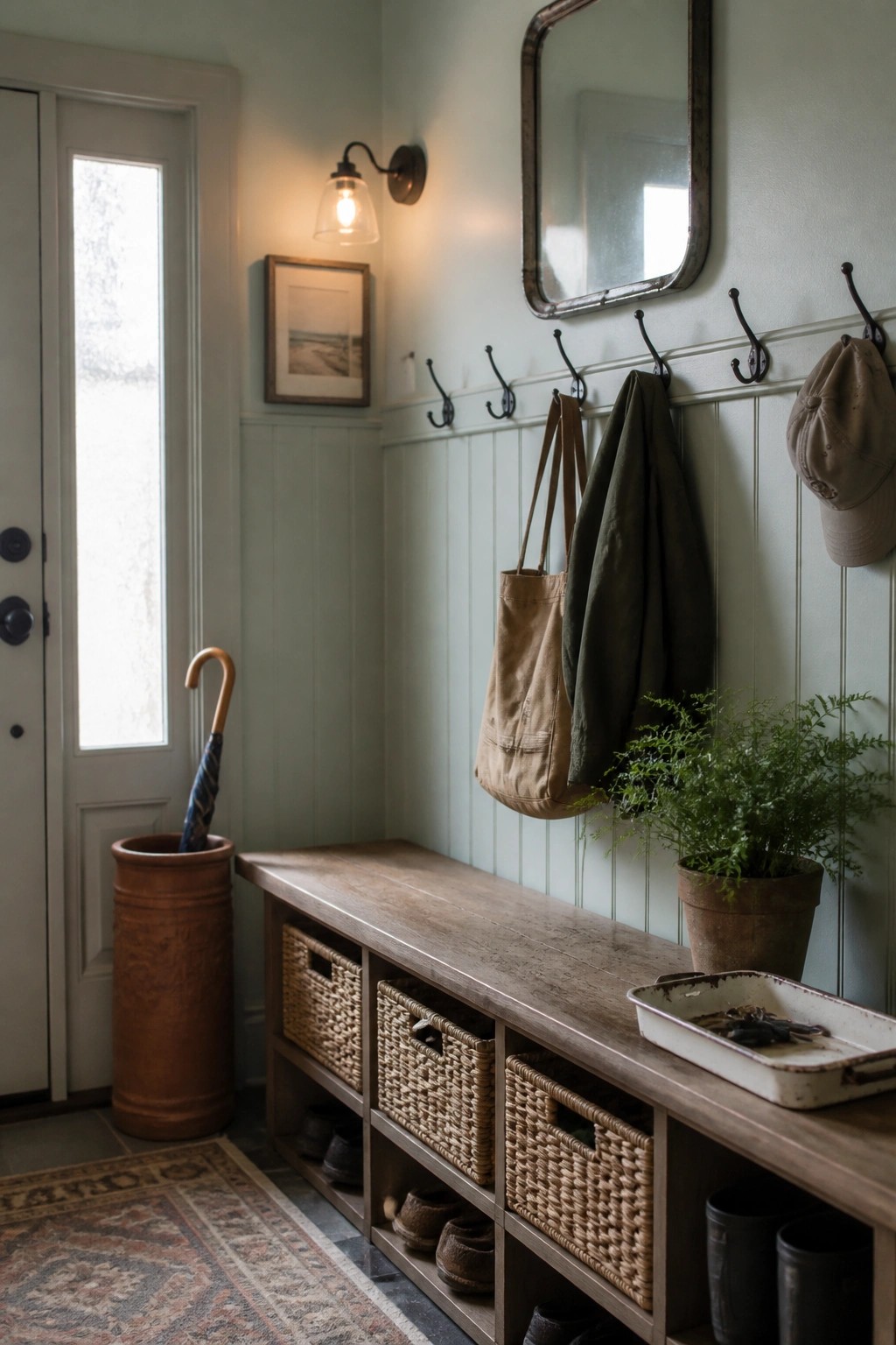 Rustic entryway with wooden bench, wicker baskets, wall hooks holding bag and coat, mirror and plant