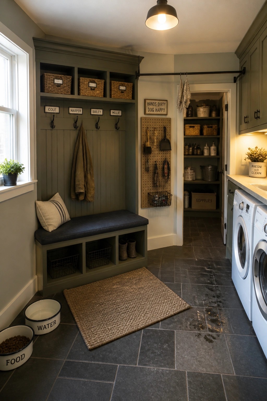 A mudroom featuring built-in cabinetry painted in a muted green gray with hooks, a bench, baskets, and pet bowls beside a laundry area with white washers.