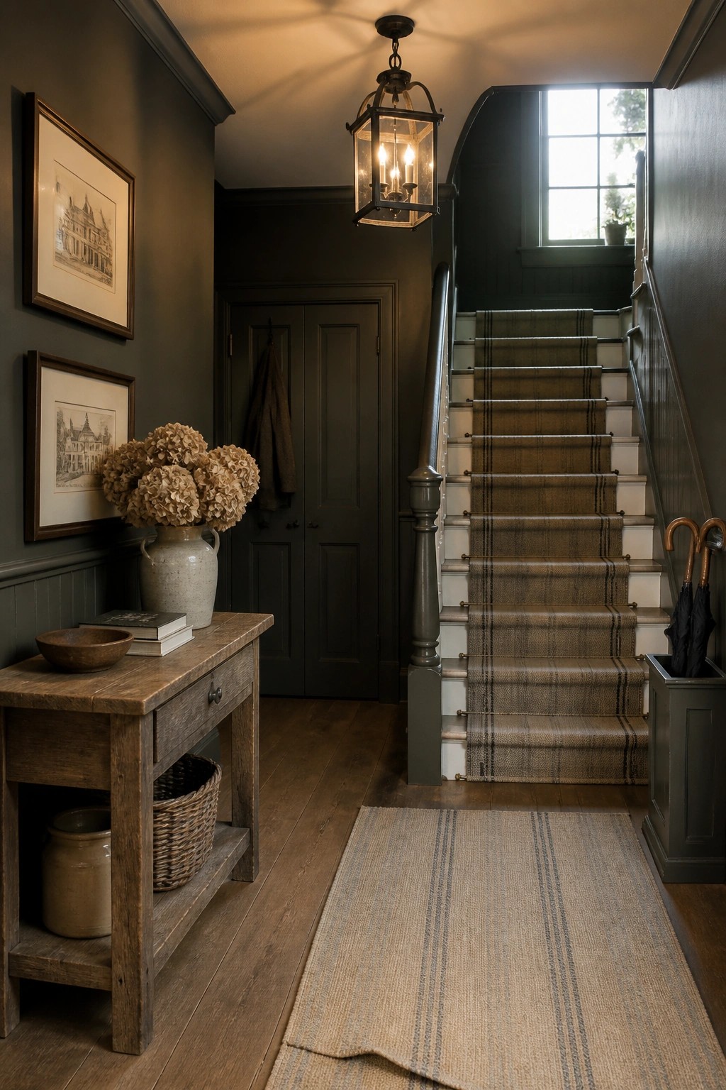 A narrow interior entryway with dark painted walls, a wooden console table, framed prints, a lantern pendant light, and a staircase with a striped runner.