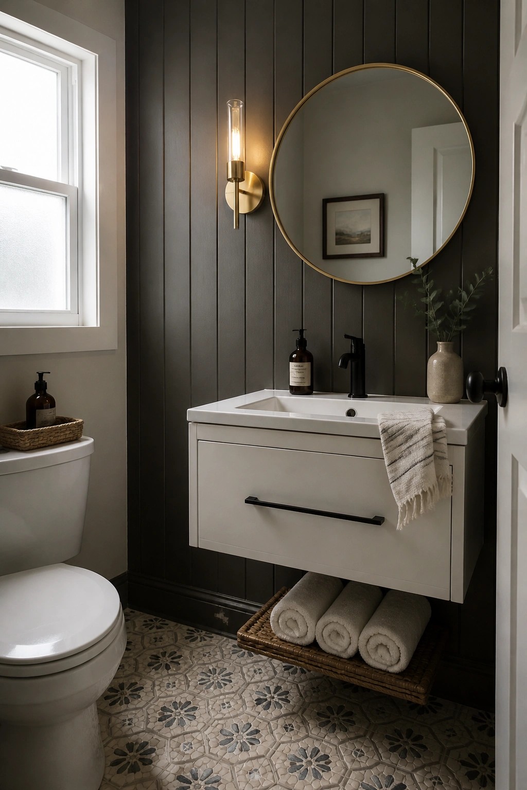 A bathroom interior with dark vertical paneling, a white floating vanity with black hardware, a round gold mirror, and patterned tile flooring.