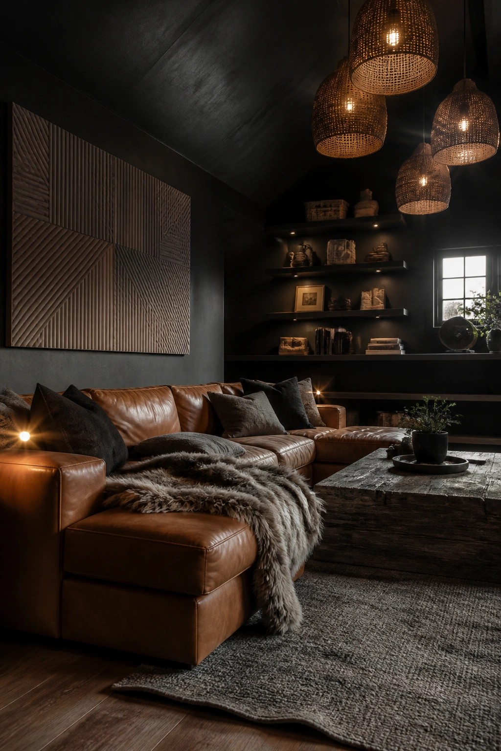 A living room with dark painted walls, a brown leather sectional sofa, a large textured wall panel, floating shelves, and several woven pendant lights overhead.