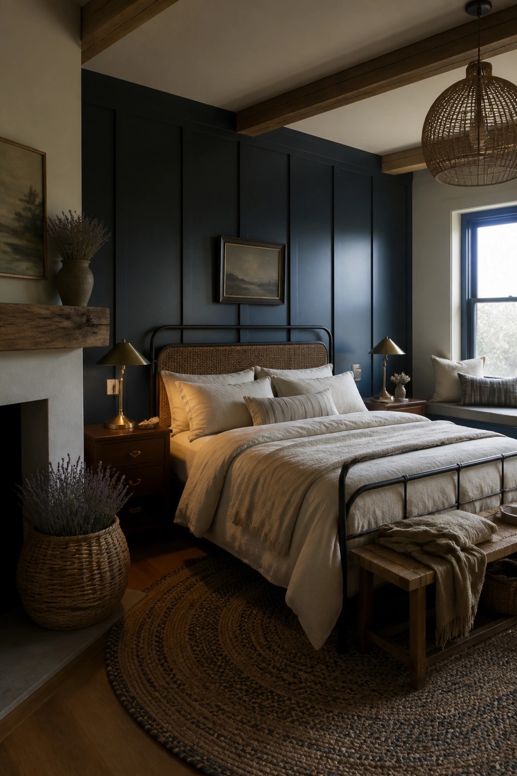 A bedroom with dark blue paneled walls, a black metal bed with white linens, wooden nightstands, and a round woven rug.