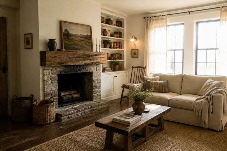 21 Sherwin-Williams Rustic Farmhouse Paint Colors Designers Recommend Cozy living room with stone fireplace, beige sofa, wooden table, and sunlit windows
