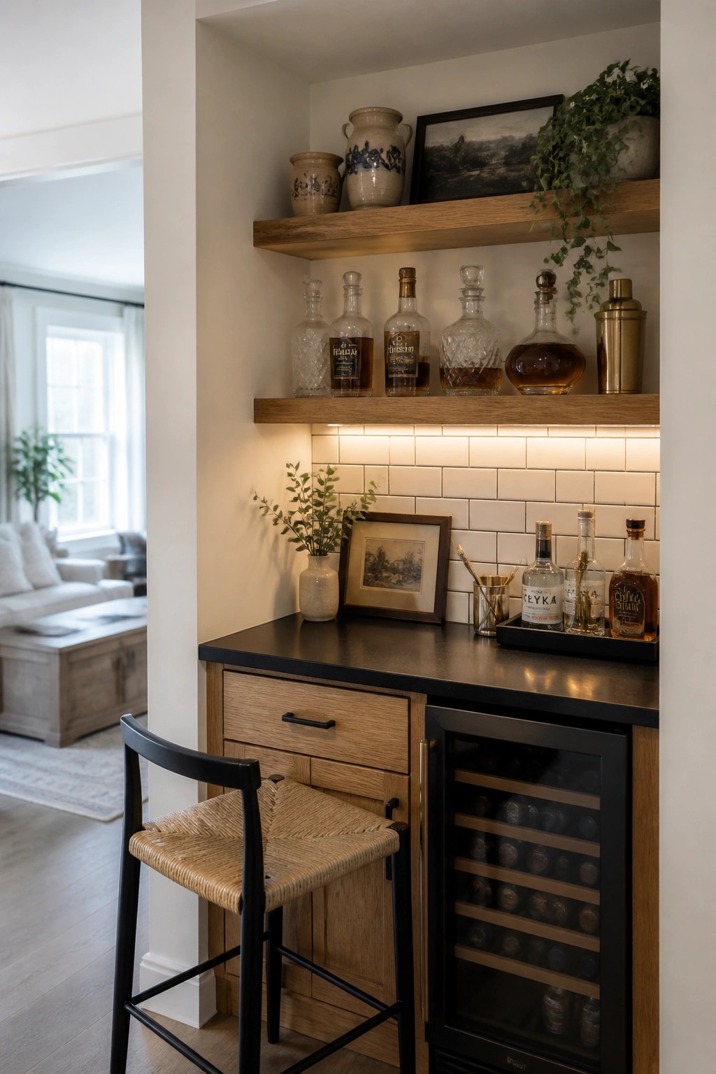 Wooden bar nook with black countertop, wine fridge, illuminated liquor shelves, woven stool