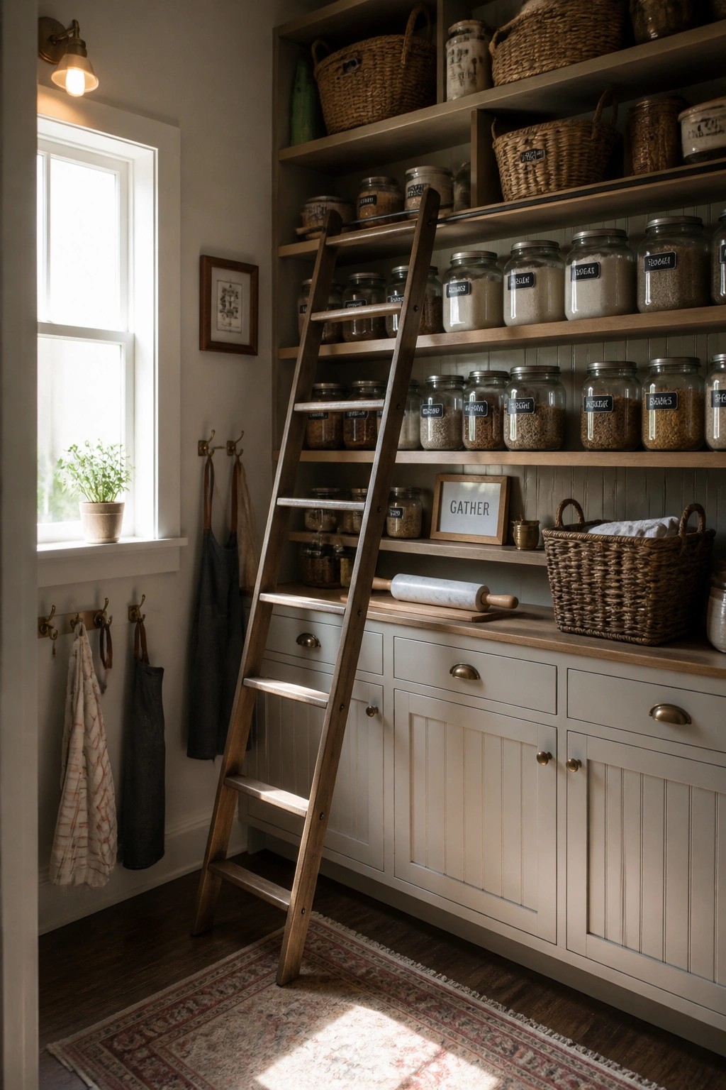 A rustic interior pantry with tall wooden open shelves holding glass jars and woven baskets, a rolling wooden ladder leaning against the shelves, and light-colored lower cabinets with a countertop below.
