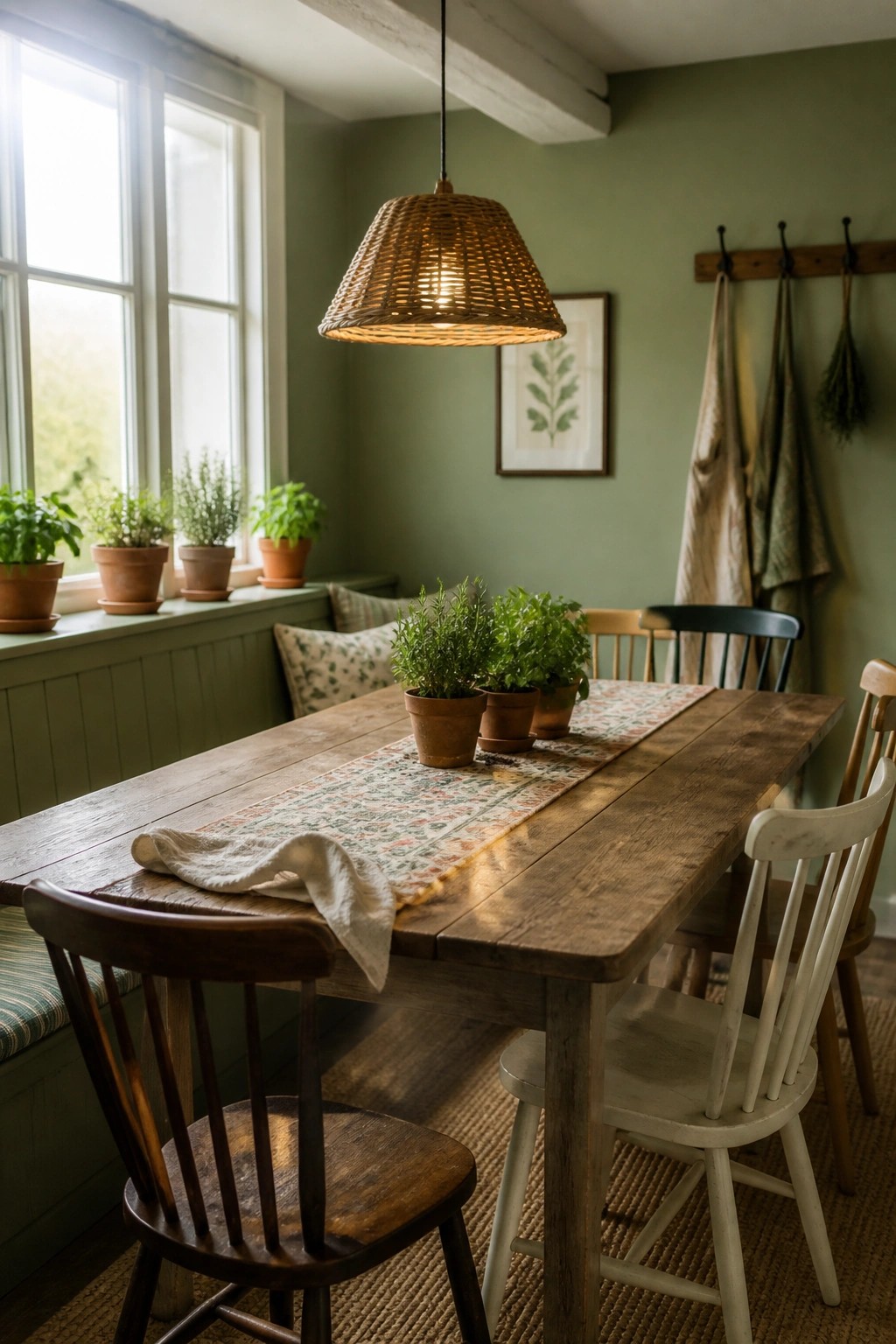 A rustic dining room features a long wooden table with potted herbs, mixed wooden chairs, green painted walls, and a woven pendant light.