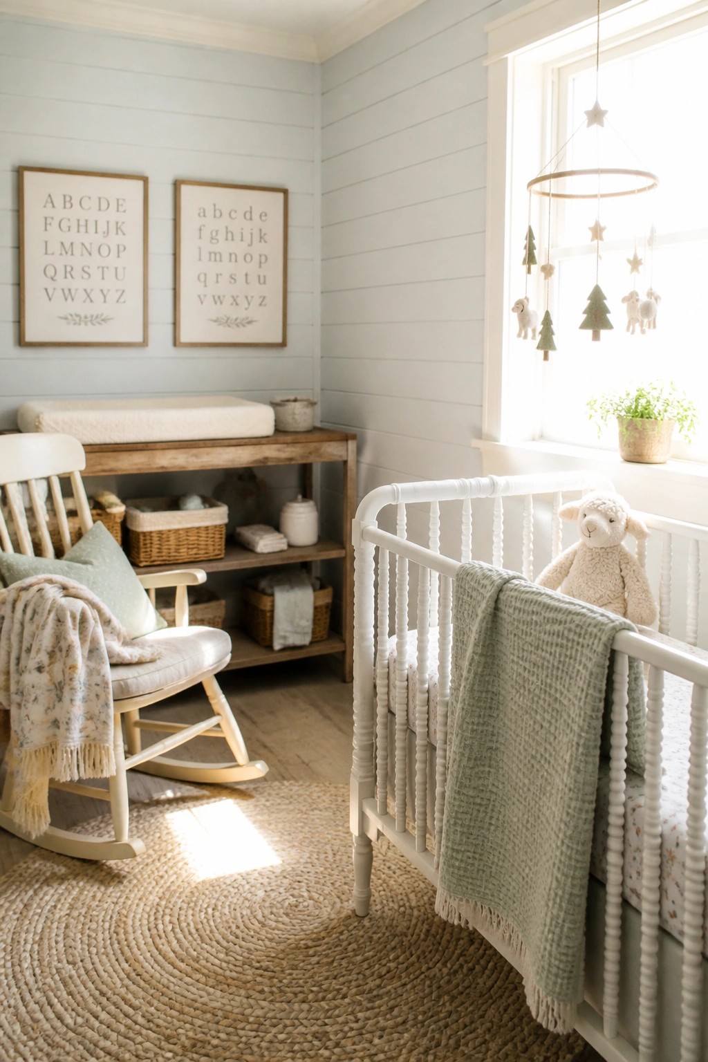 A nursery interior with light blue walls, a white spindle crib, a wooden rocking chair, and two framed alphabet prints.