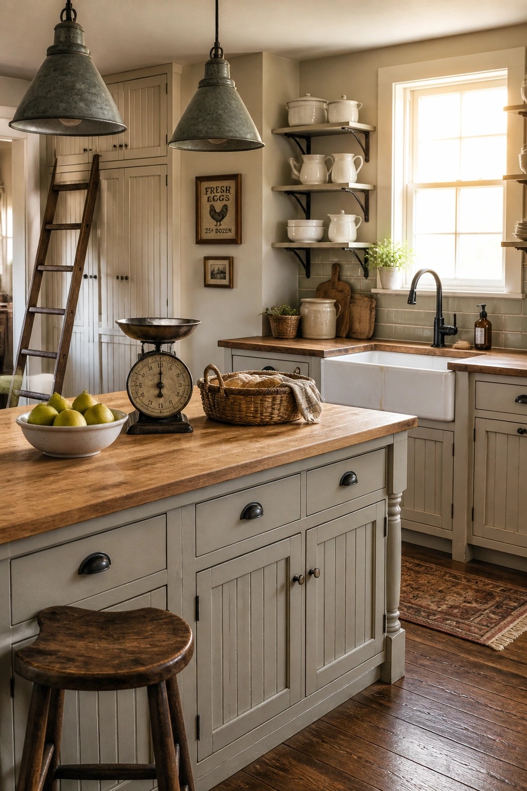 A rustic kitchen with gray painted cabinets, a large wooden island holding a bowl of pears and a vintage scale, open shelving, and a white farmhouse sink under a window.