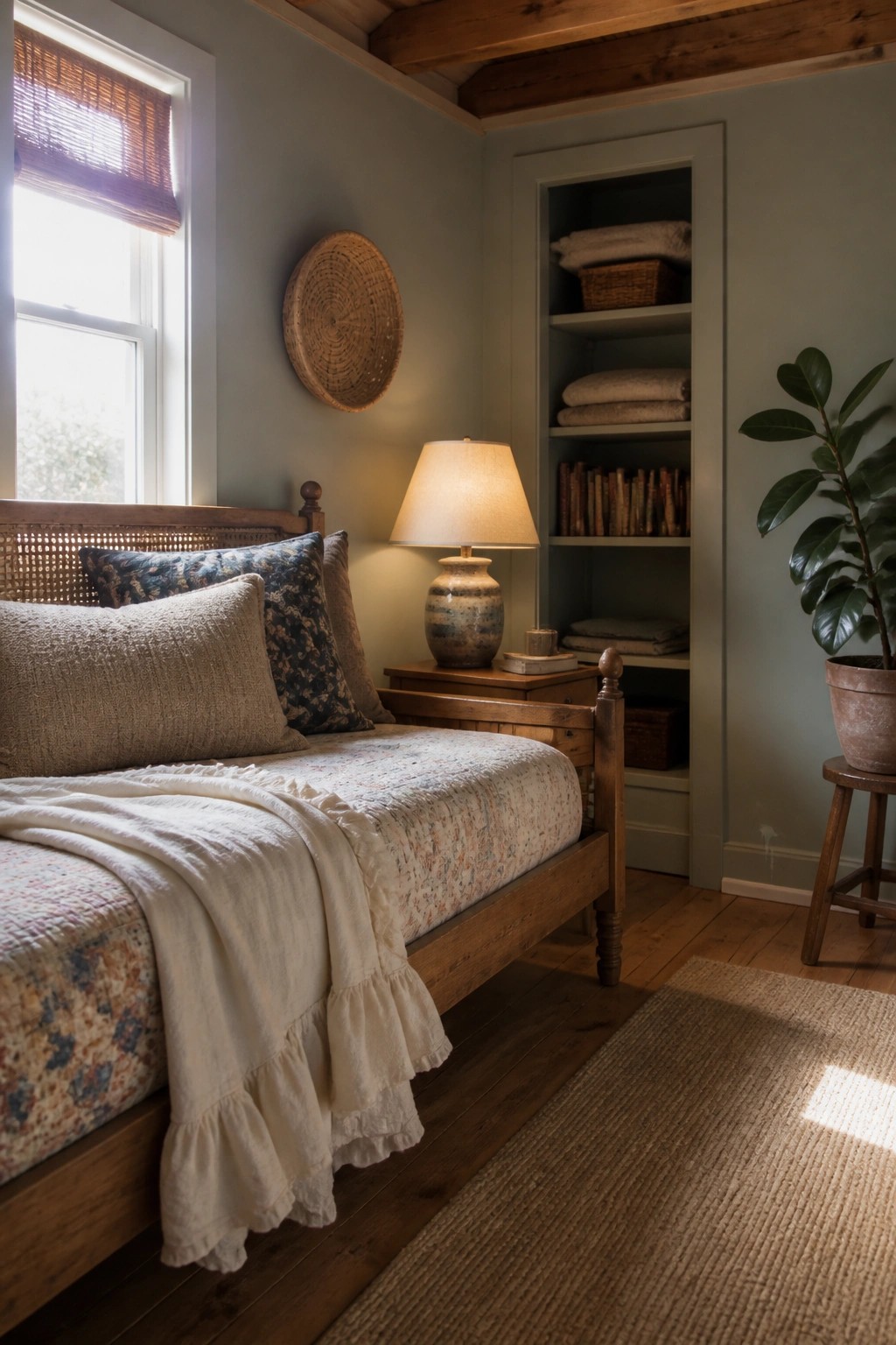 A bedroom interior with a wooden bed, patterned bedding, a lit table lamp, and a built-in shelving unit set into light green walls.