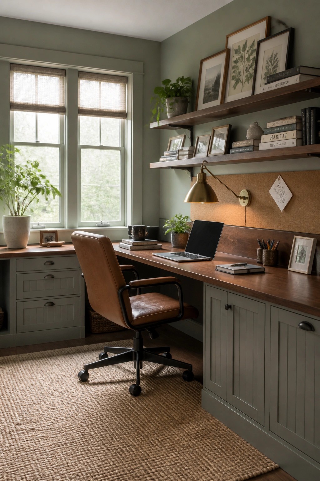 A home office with sage green walls, a wooden desk, floating shelves, a brown leather office chair, and a large window with woven shades.