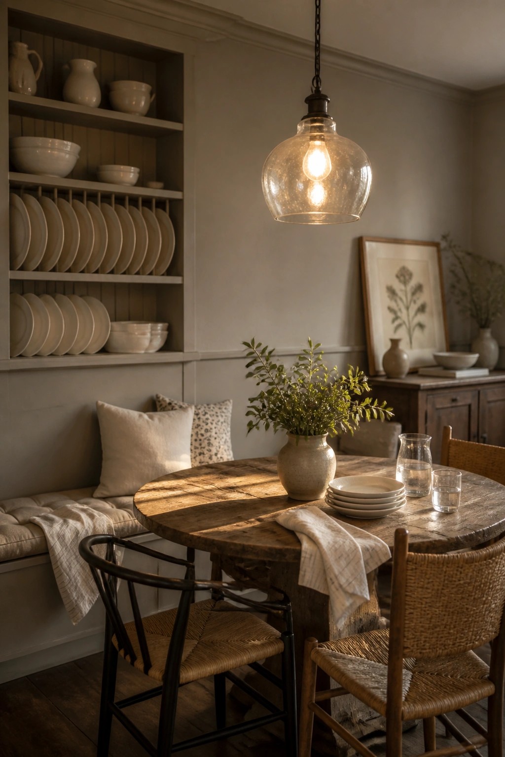 A rustic dining room features a round wooden table with woven chairs, open built-in shelves holding white dishes, and a large glass pendant light above.