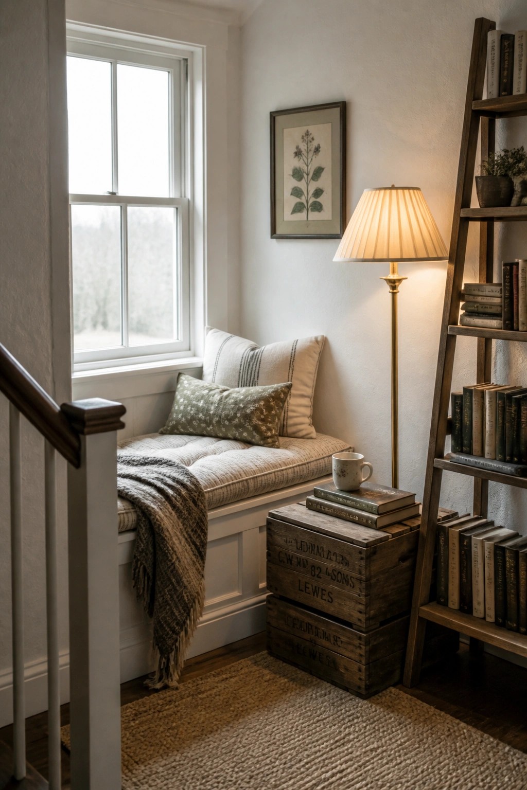 A cozy interior window seat nook with white walls, a cushioned bench, pillows, a floor lamp, stacked wooden crates, and a leaning bookshelf.