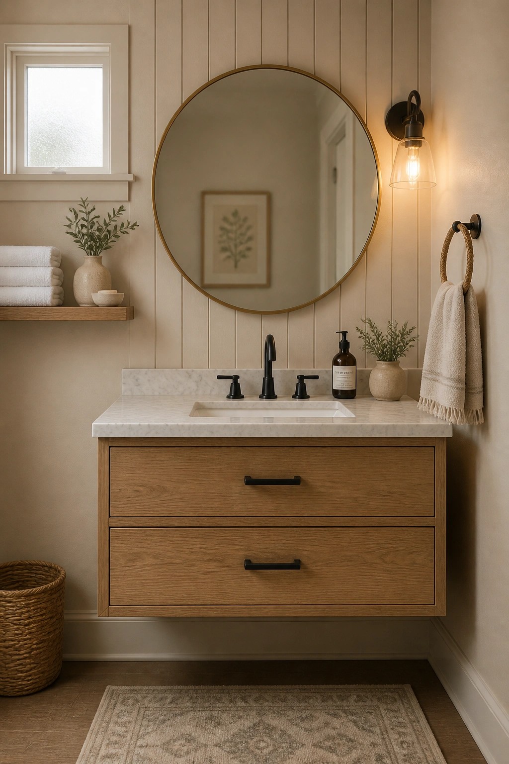 A bathroom with a floating wood vanity, white marble countertop, round mirror above the sink, and a wall sconce on the right.