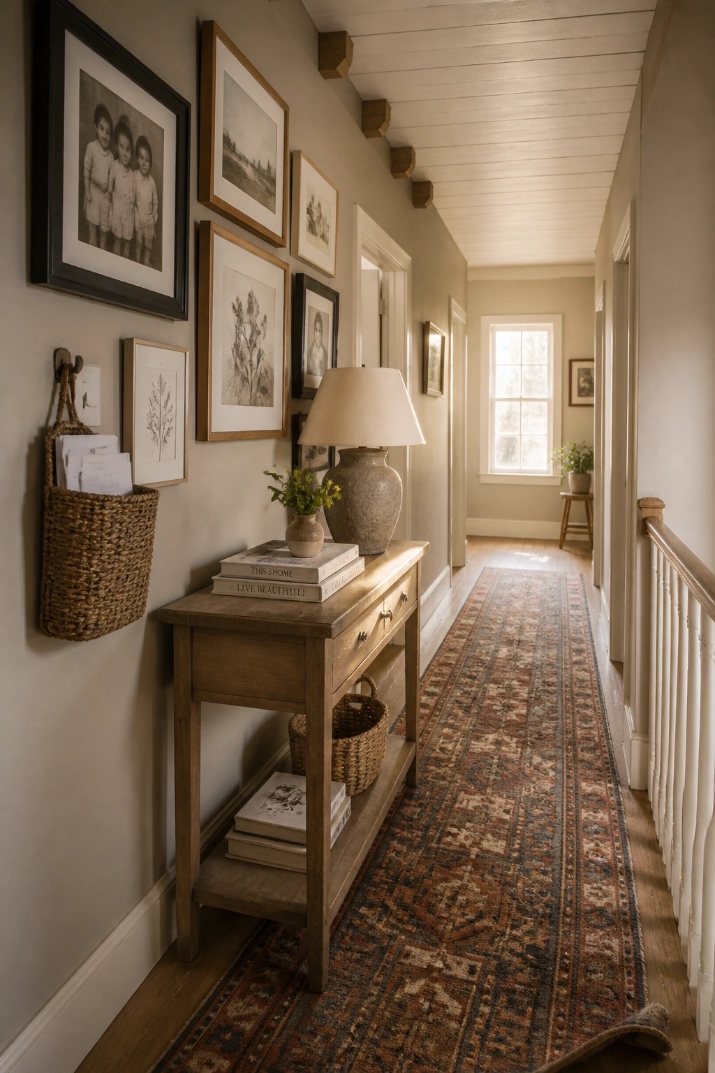 Narrow hallway with gallery wall, wooden console table, books, lamp, and patterned runner rug