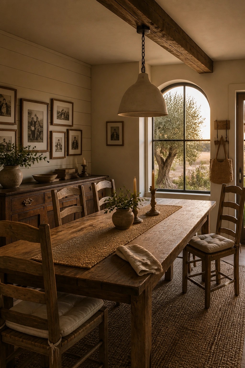 A rustic dining room featuring a long wooden table with ladder-back chairs, a wooden sideboard holding framed photos, and an arched window with a view of a tree outside.