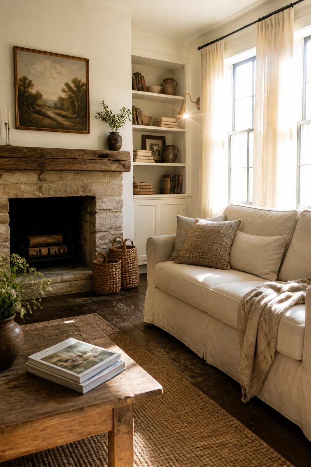 Cozy living room with stone fireplace, beige sofa, wooden table, and sunlit windows