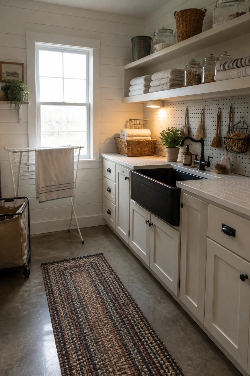 White farmhouse laundry room with black sink, open shelves, pegboard, and woven rug