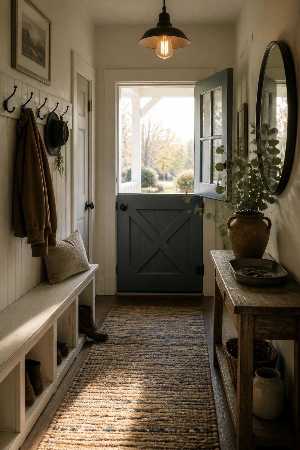 A narrow interior entryway with a blue-gray door open to the outdoors, a white storage bench, coat hooks on the wall, and a wooden console table holding a large vase.