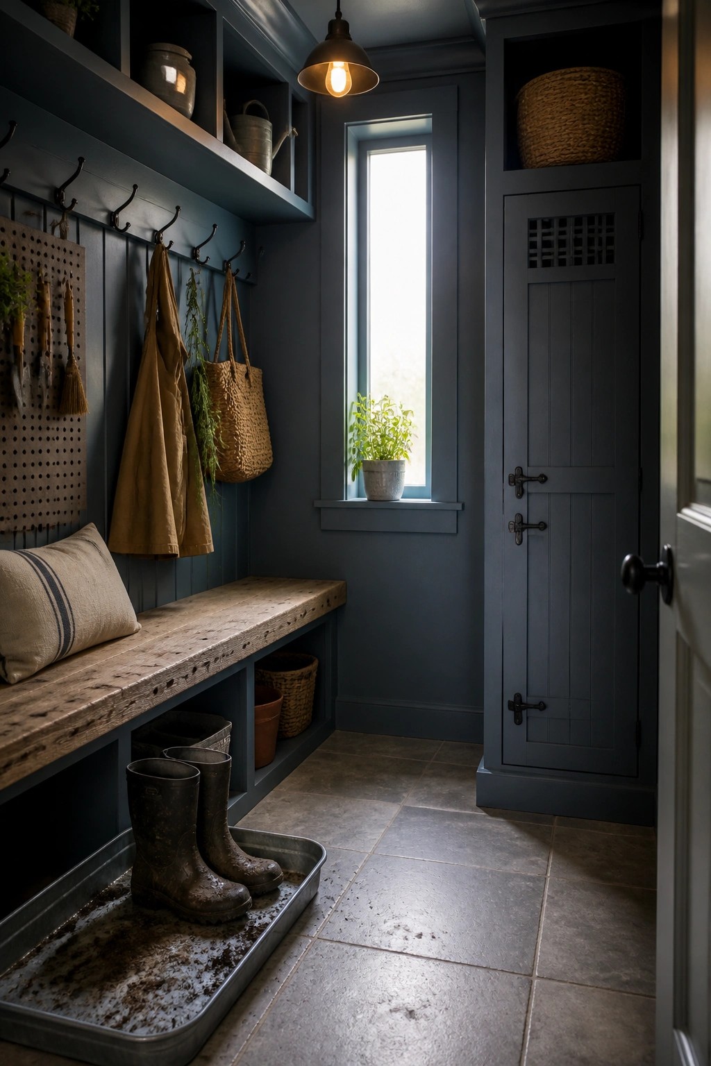 A blue-gray painted mudroom with a wooden bench, wall hooks, storage cubbies, and a tall built-in cabinet beside a narrow window.