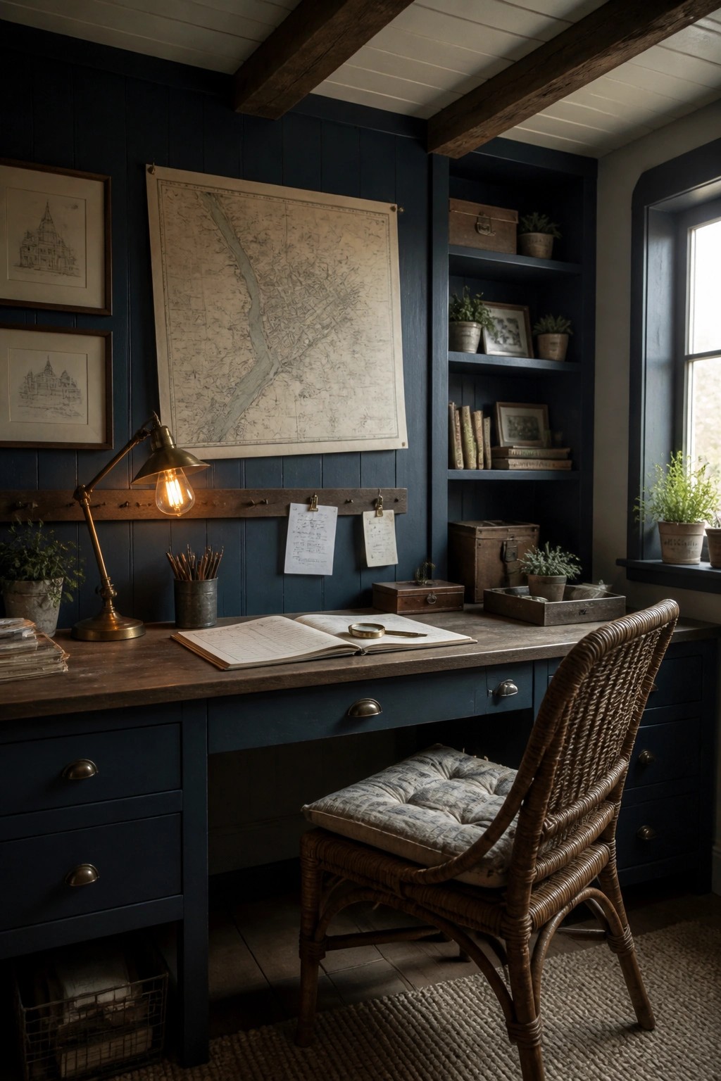 A home office with deep navy walls, a wooden desk holding an open book and lamp, a wicker chair, built-in shelves, and a large map on the wall.