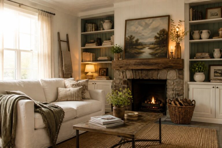 21 Timeless Farmhouse Paint Colors for a Warm and Welcoming Home A living room with white walls, a stone fireplace topped by a wooden mantel, built-in shelves with green tile backing, a white sofa, and a brass coffee table on a woven rug.