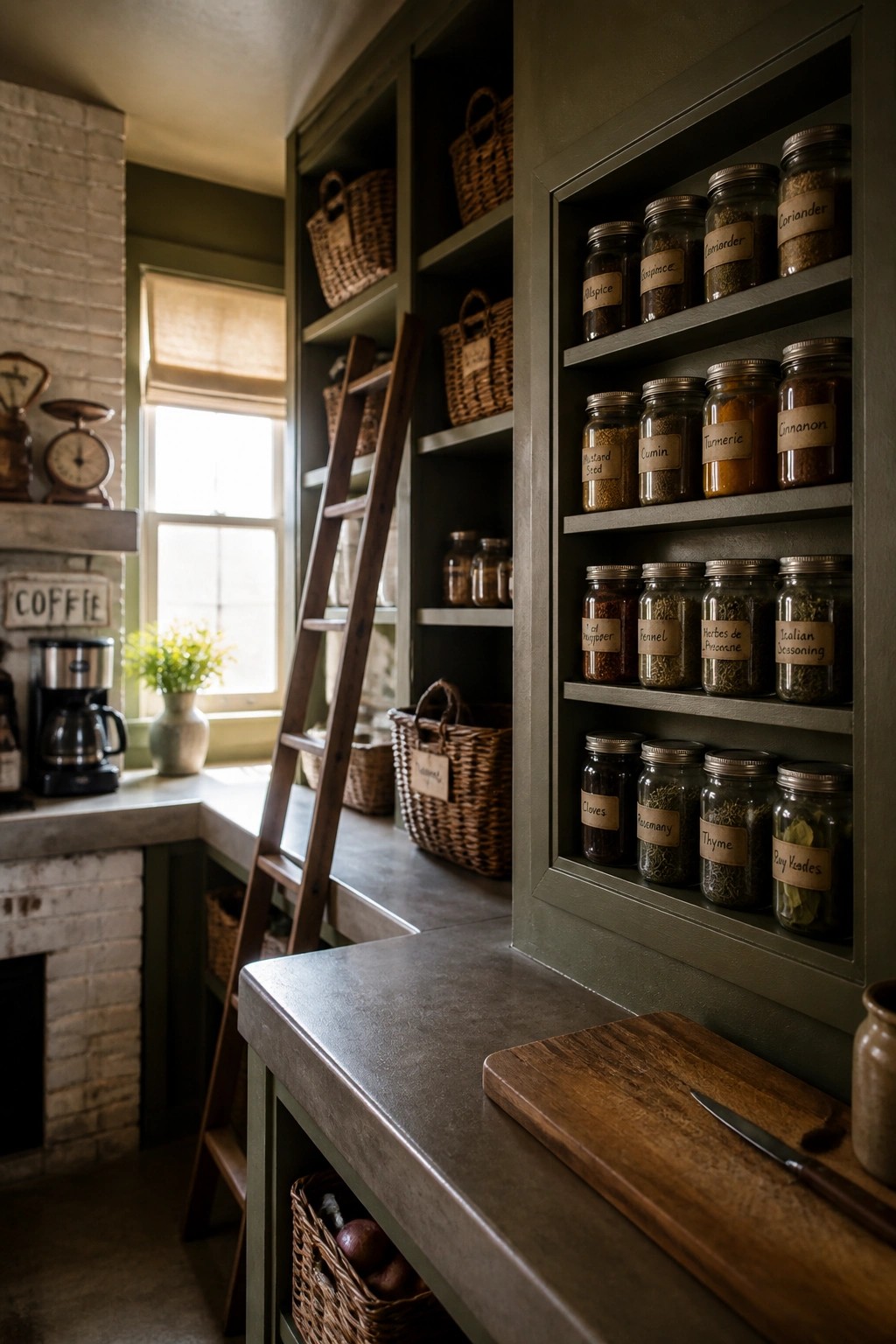 Green built-in shelves filled with labeled glass spice jars and woven baskets in a kitchen with a wooden ladder and concrete countertop.