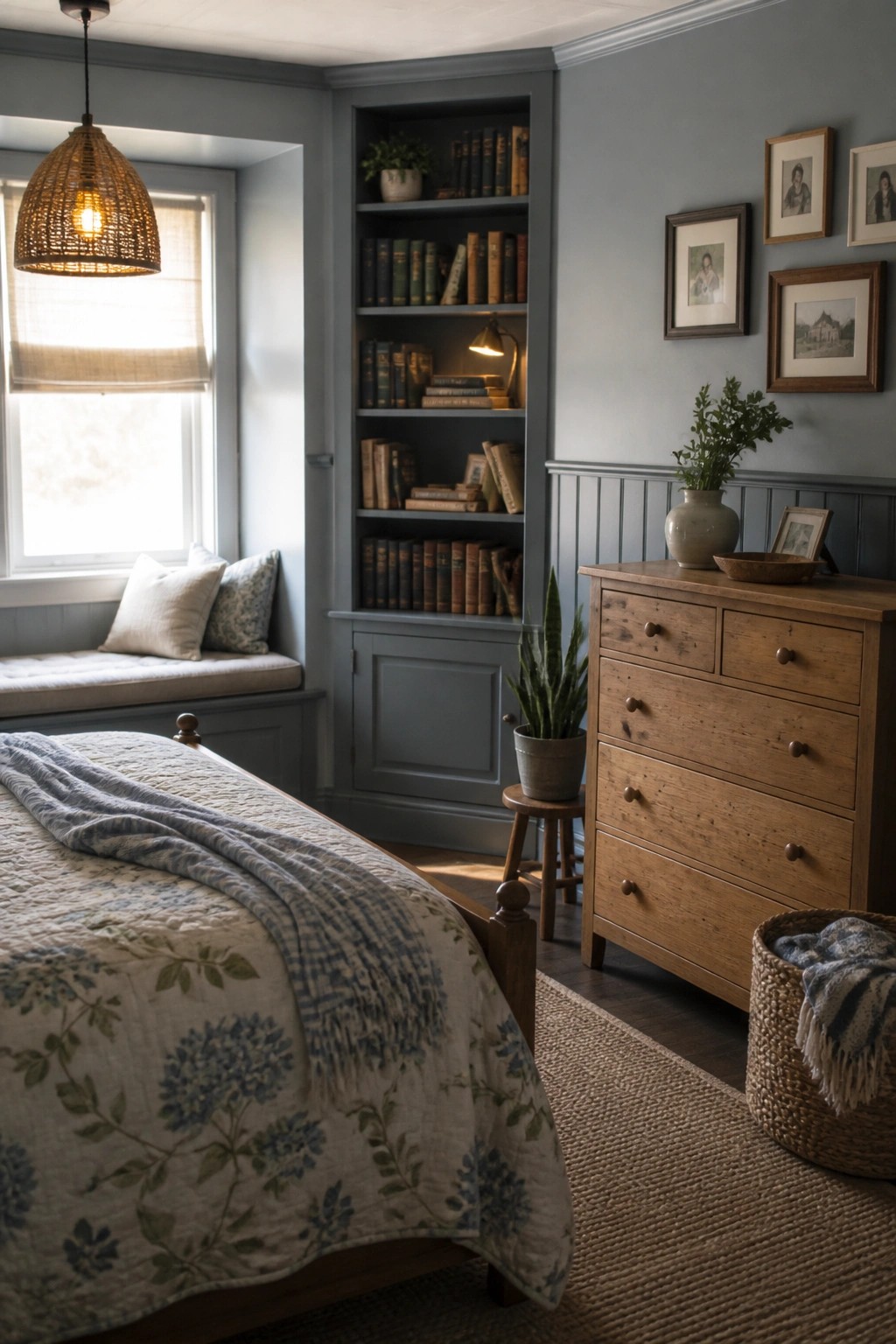 A bedroom with blue-gray walls and matching built-in bookshelves, a wooden bed with a floral quilt, a wooden dresser, and a window seat.