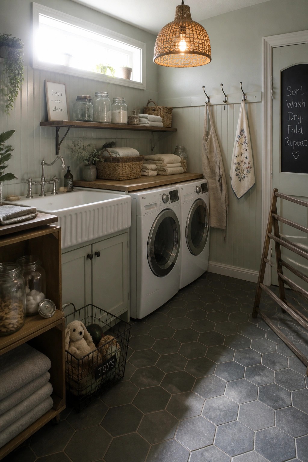 A laundry room with soft green walls, a white farmhouse sink between two front-loading washers, wooden open shelving, and a chalkboard sign on the door.