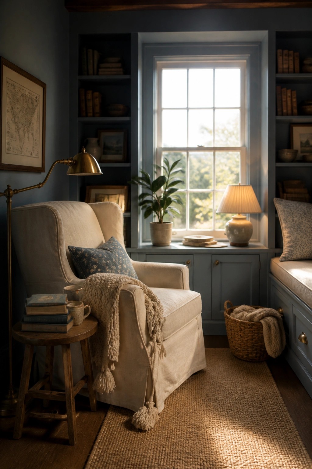 A cream armchair with a blue patterned pillow sits in front of blue-gray built-in bookshelves beside a window with a potted plant on the sill.