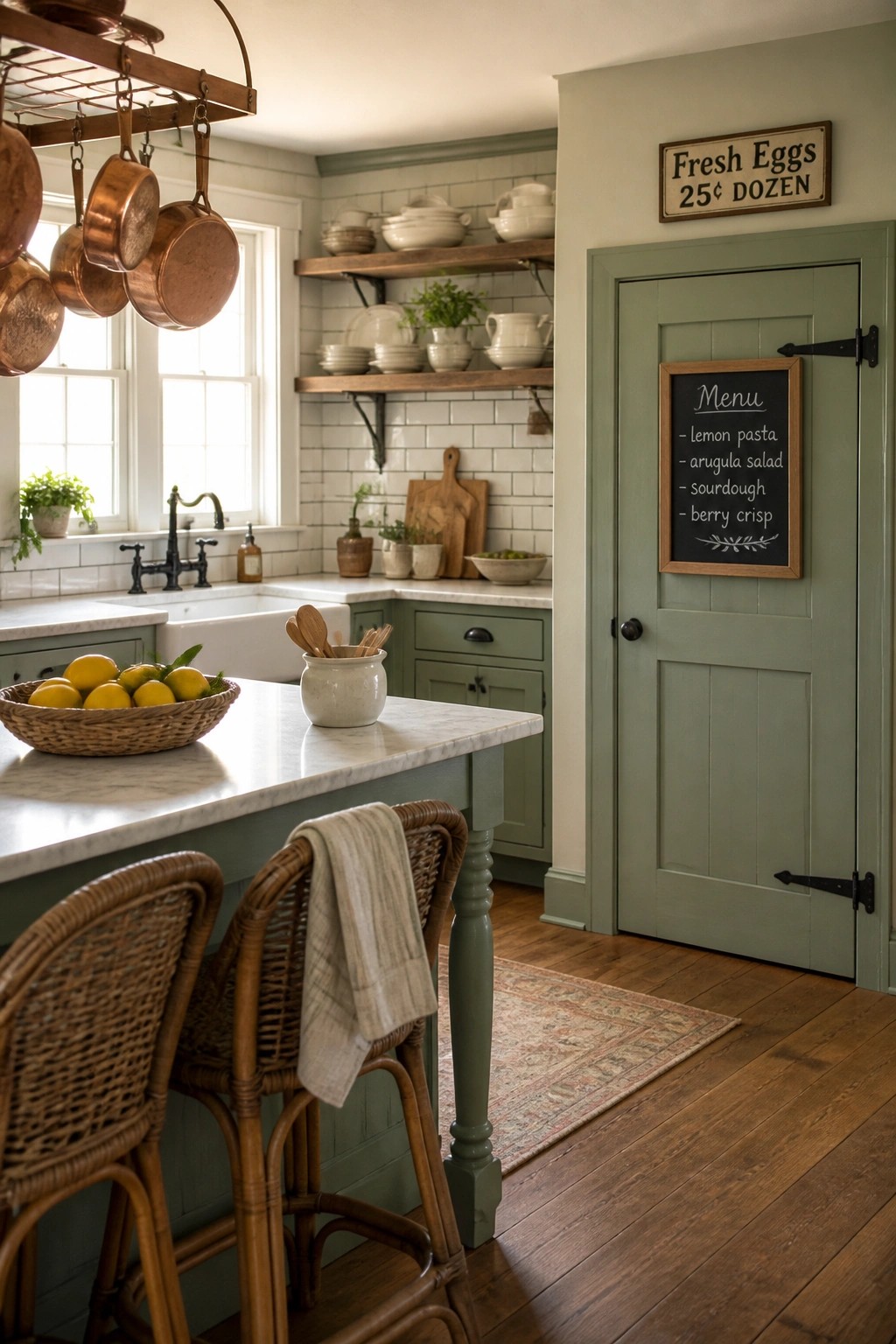 A kitchen interior featuring sage green cabinets, a marble-topped island with woven bar stools, hanging copper pots, and a green door with a chalkboard menu.