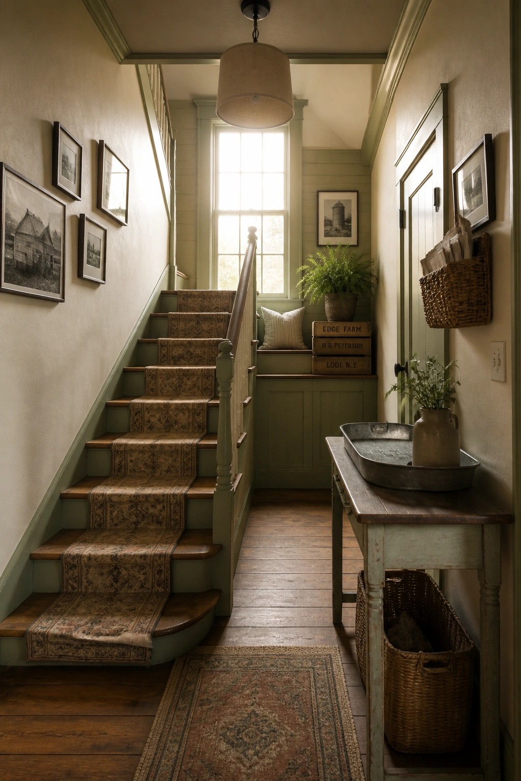 A narrow interior hallway with a staircase painted in muted green, wooden treads with patterned runners, a window at the top, and a console table with baskets along the right wall.