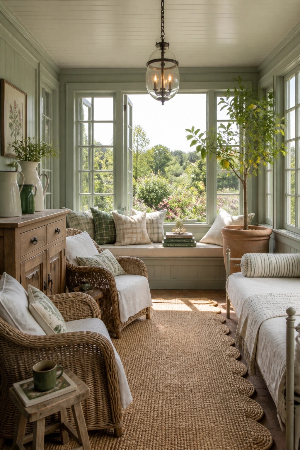 A sunroom interior with soft green painted walls, wicker seating, a window seat, and large windows overlooking trees and greenery.