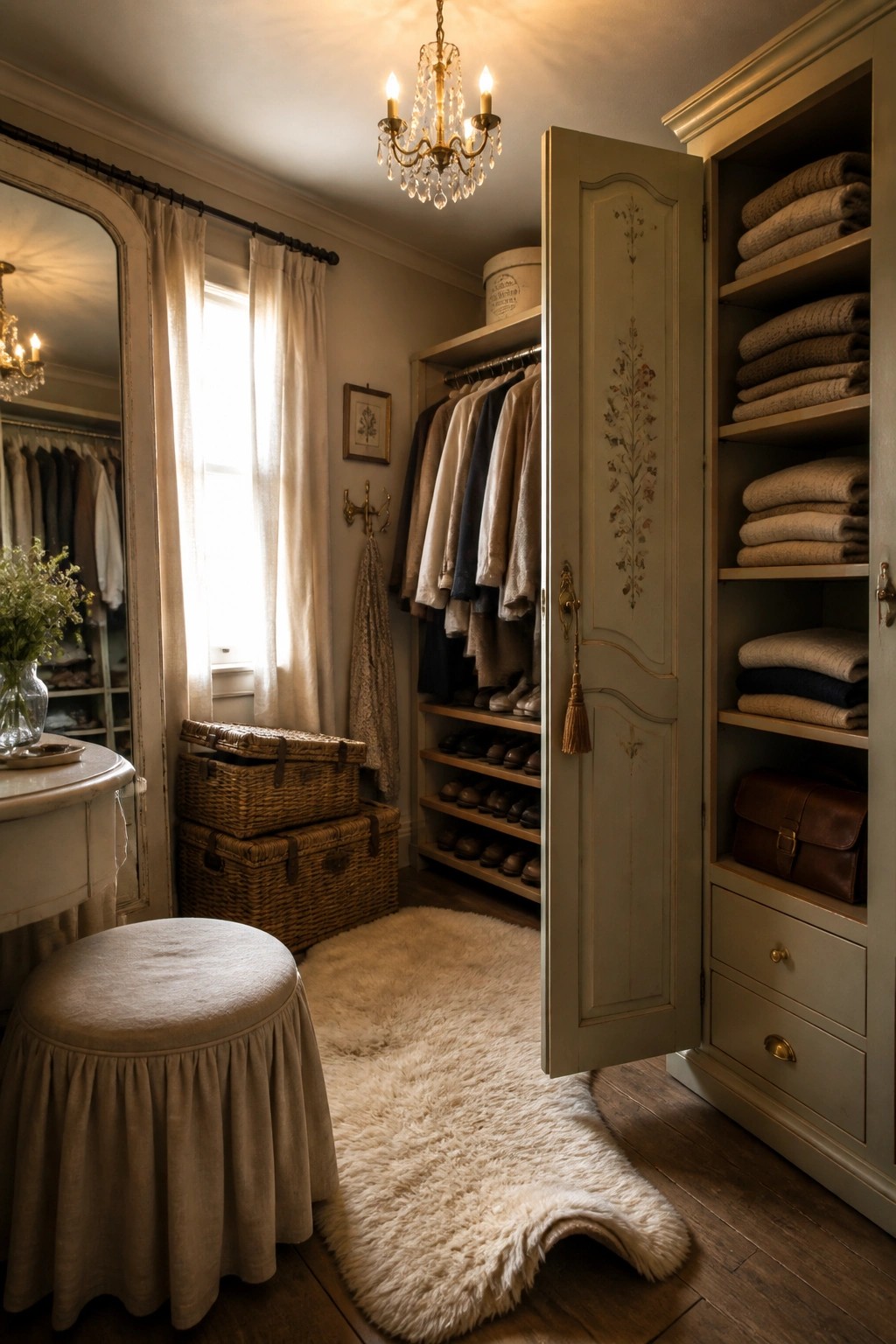 A walk-in closet with sage green painted cabinet doors open to reveal shelves of folded linens, hanging clothes, and shoe storage.