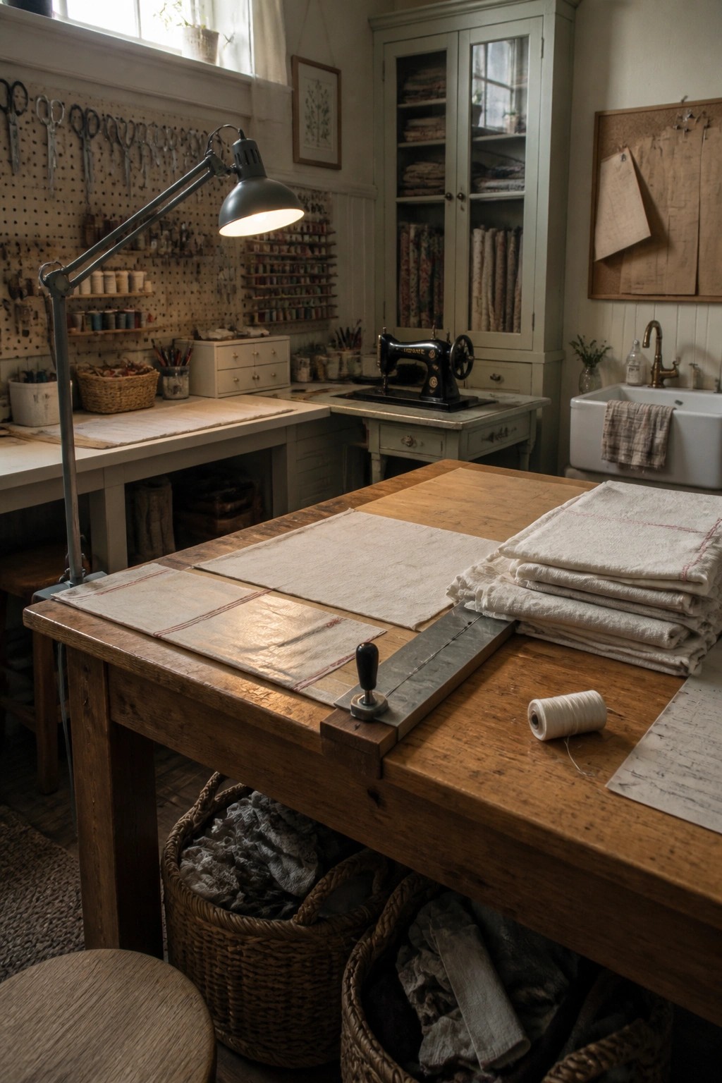 A craft room with a tall light green painted cabinet, wooden work table holding fabric and a sewing machine, and a pegboard wall with tools.