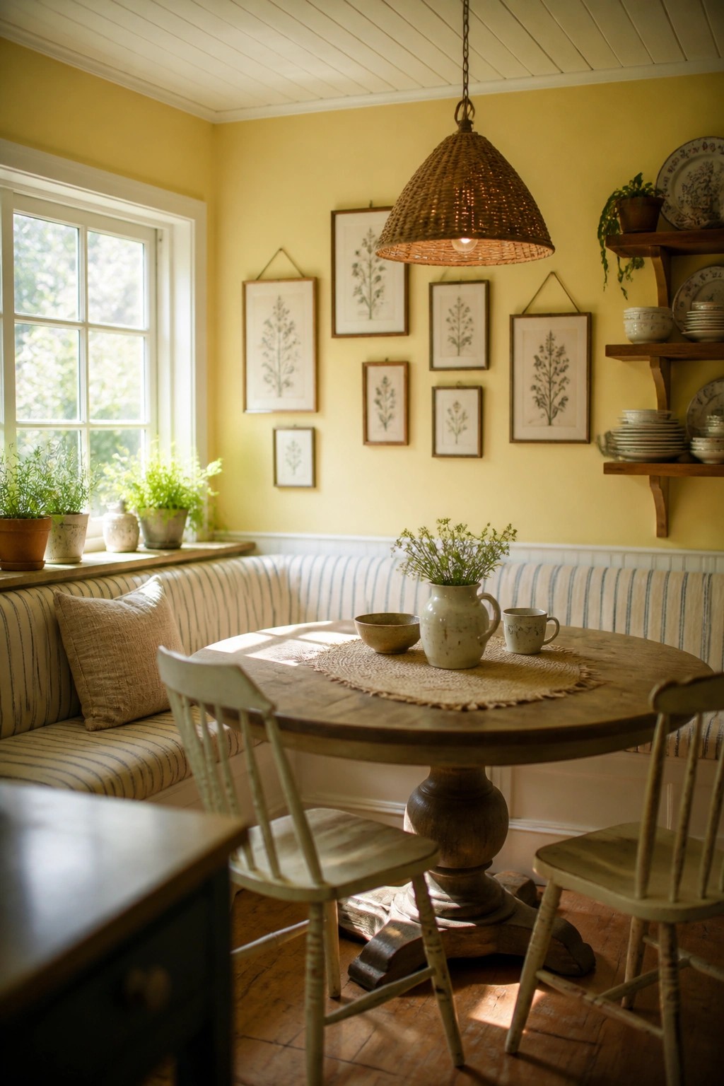 Interior view of a farmhouse dining nook with yellow walls, a round wooden table, built-in striped bench seating, and framed botanical prints.