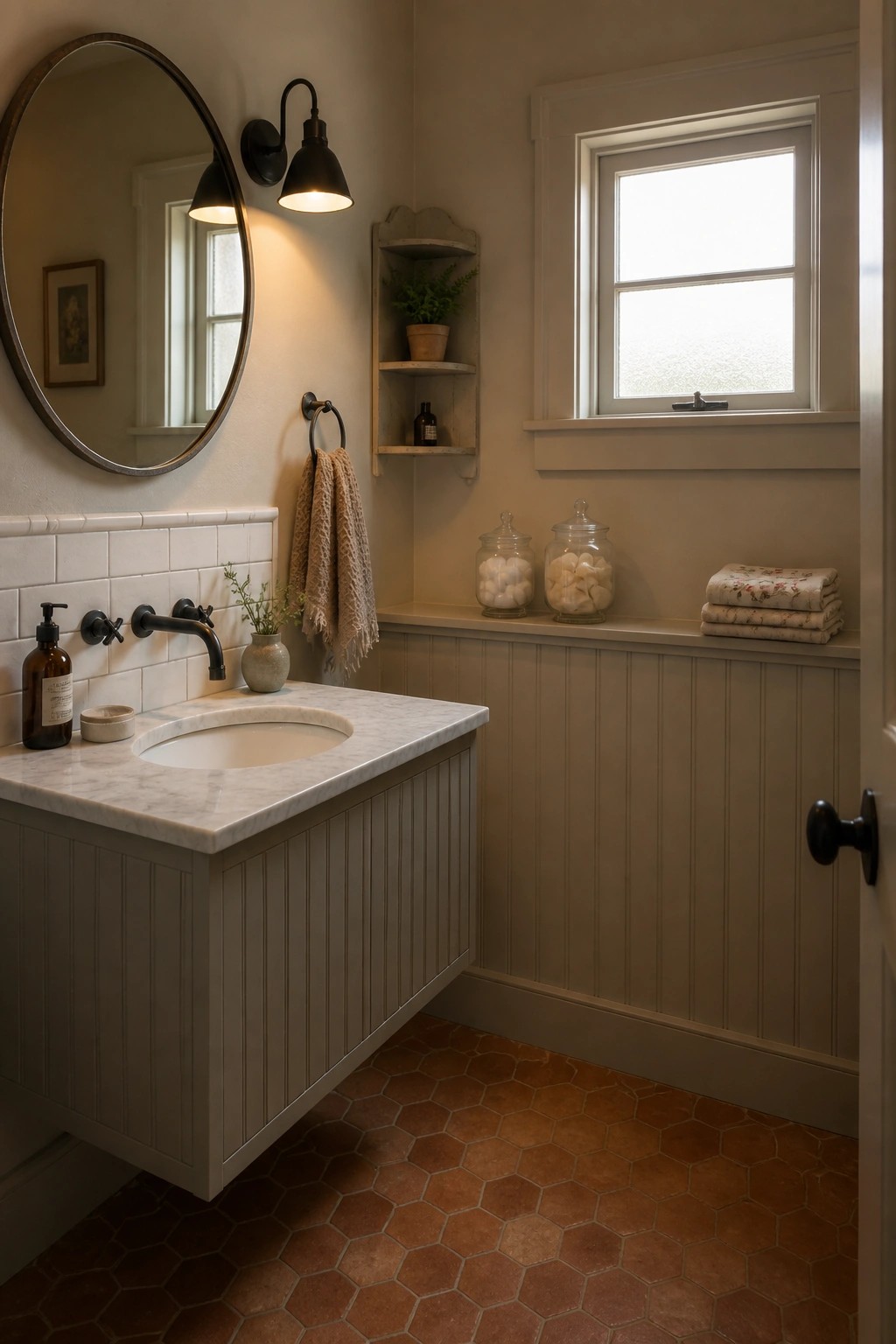 A bathroom with warm beige walls, a matching floating vanity, white subway tile, marble countertop, round mirror, and terracotta hex floor.