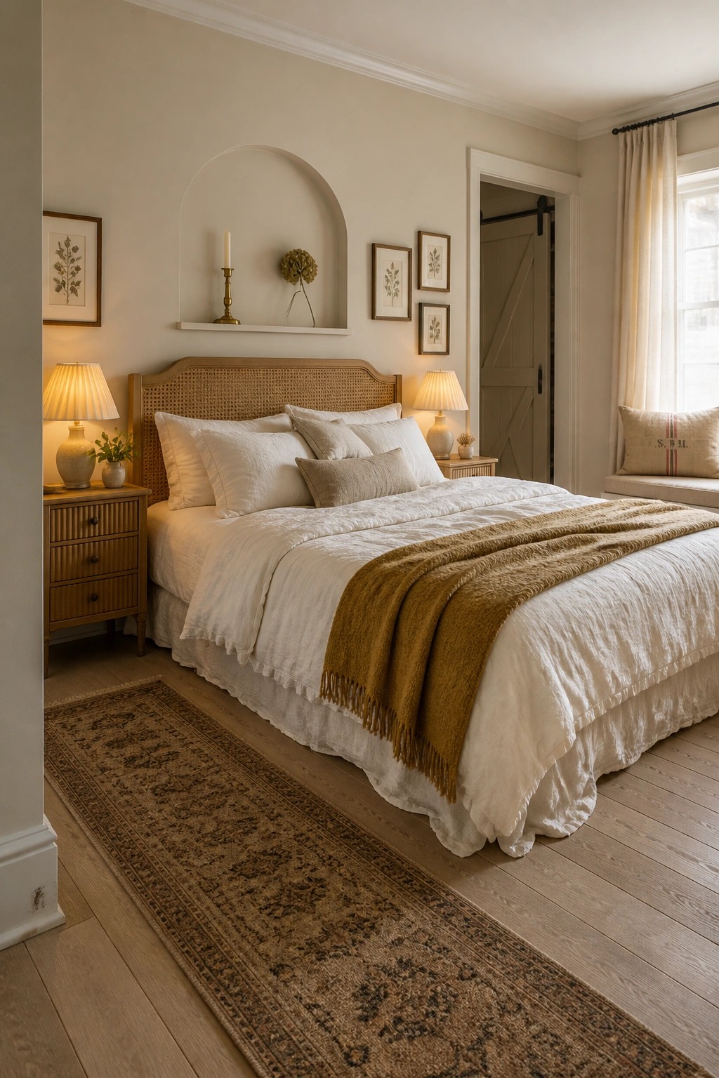 Cozy bedroom with rattan bed, white linens, mustard throw, nightstands, and patterned rug