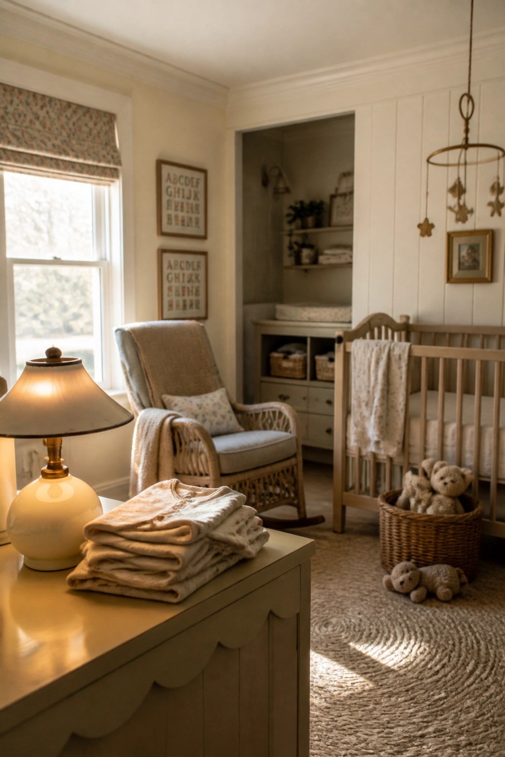 A nursery with pale neutral walls, a wooden crib, a wicker rocking chair, and a painted dresser holding folded clothes and a lamp.