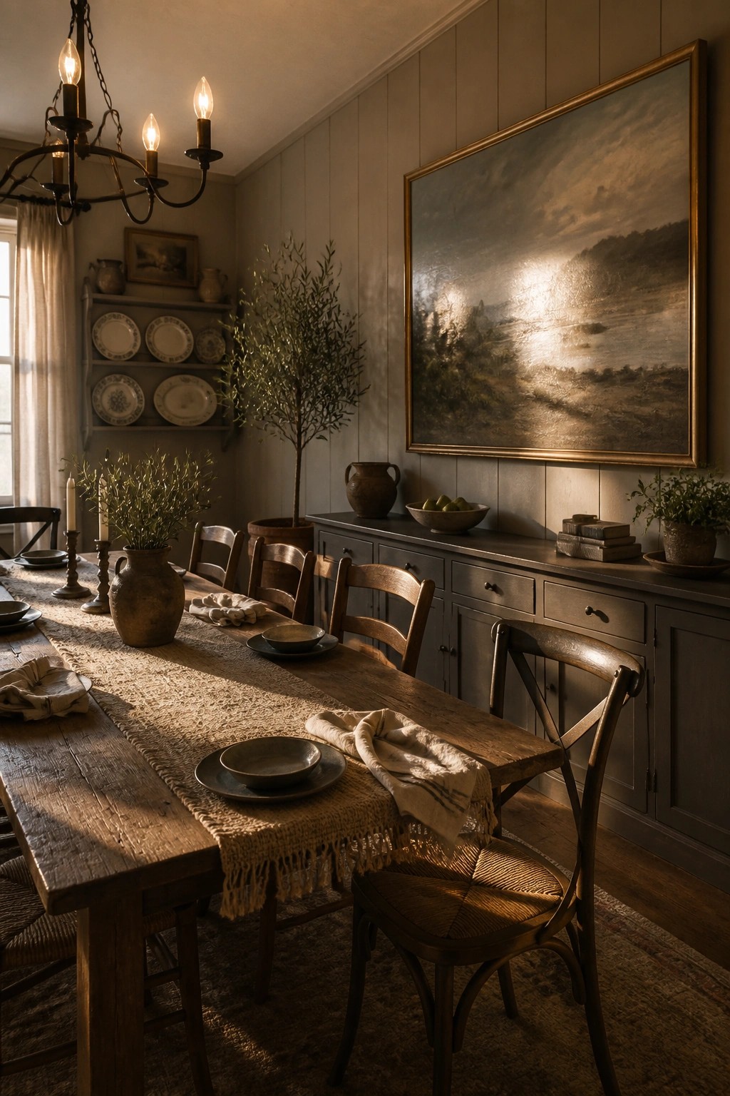 A farmhouse dining room with a long wooden table set with pottery and linens, wooden chairs, a dark sideboard, and a large landscape painting on soft gray paneled walls.