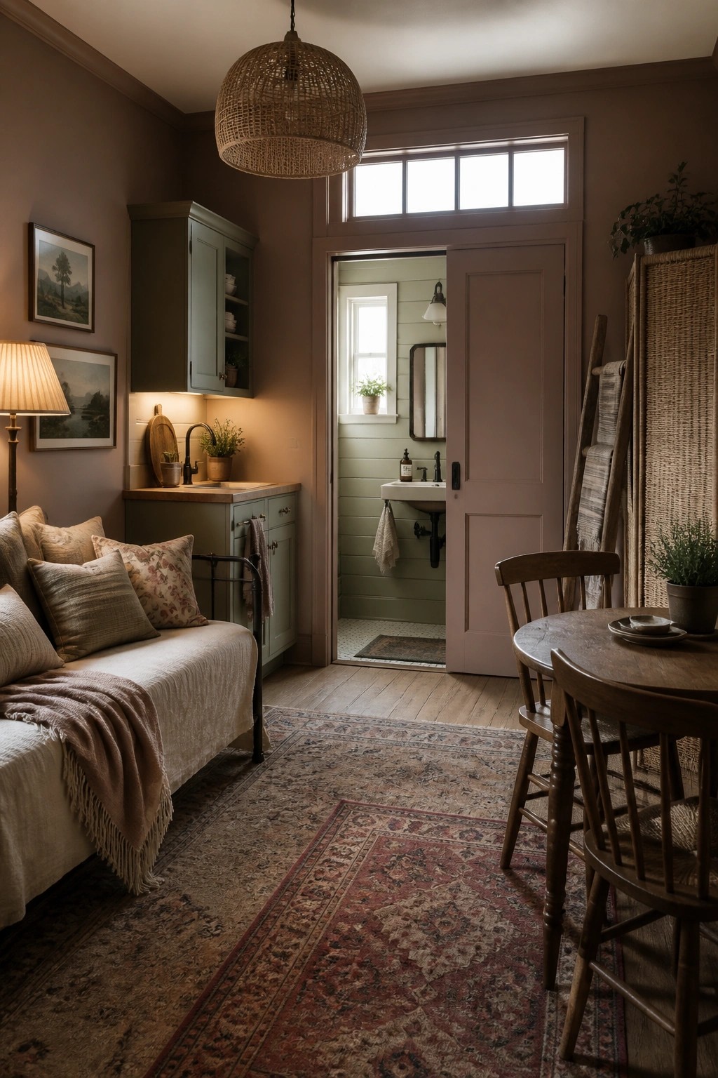 An interior view of a room with muted brown walls, a daybed with pillows, a wooden dining table, and an open doorway revealing a bathroom with green walls.