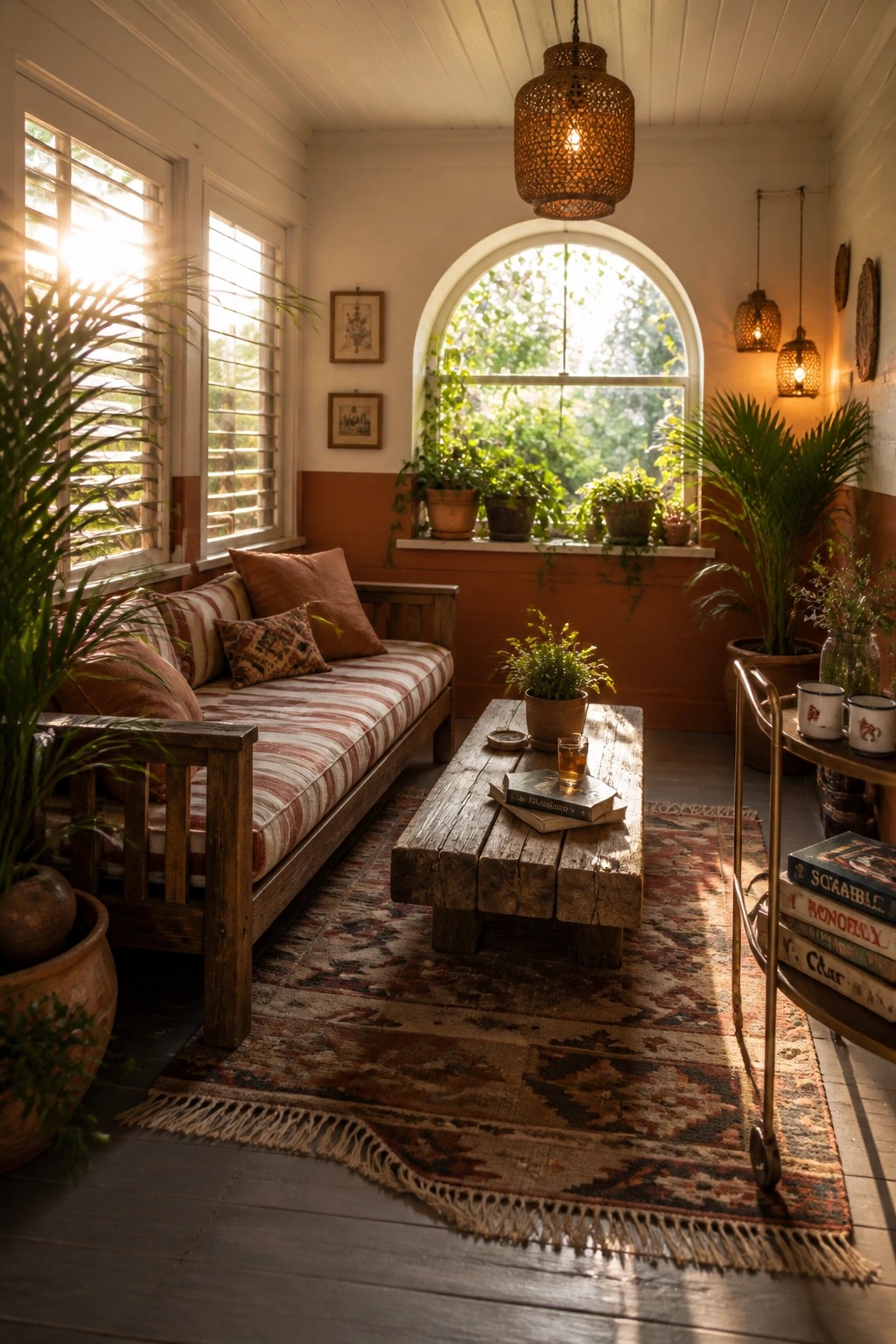 Interior of a sunroom with white upper walls, terracotta wainscoting, a wooden daybed on a patterned rug, a rustic coffee table, and an arched window.