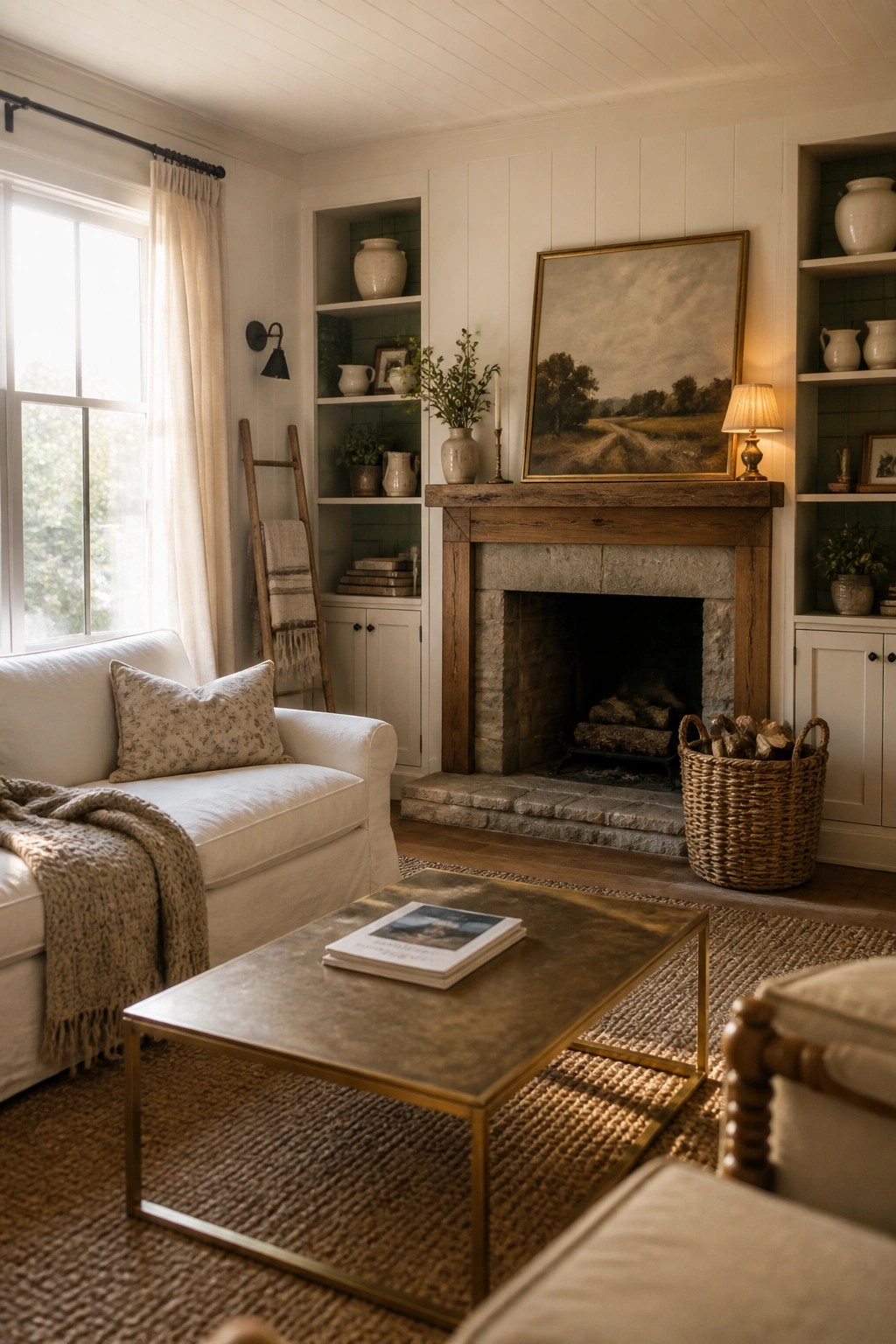 A living room with white walls, a stone fireplace topped by a wooden mantel, built-in shelves with green tile backing, a white sofa, and a brass coffee table on a woven rug.