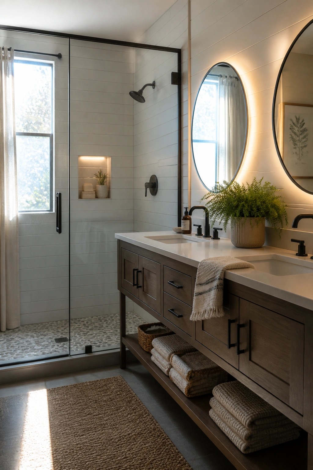 A farmhouse bathroom featuring white shiplap walls, a wooden double vanity with black hardware, and a glass shower enclosure.